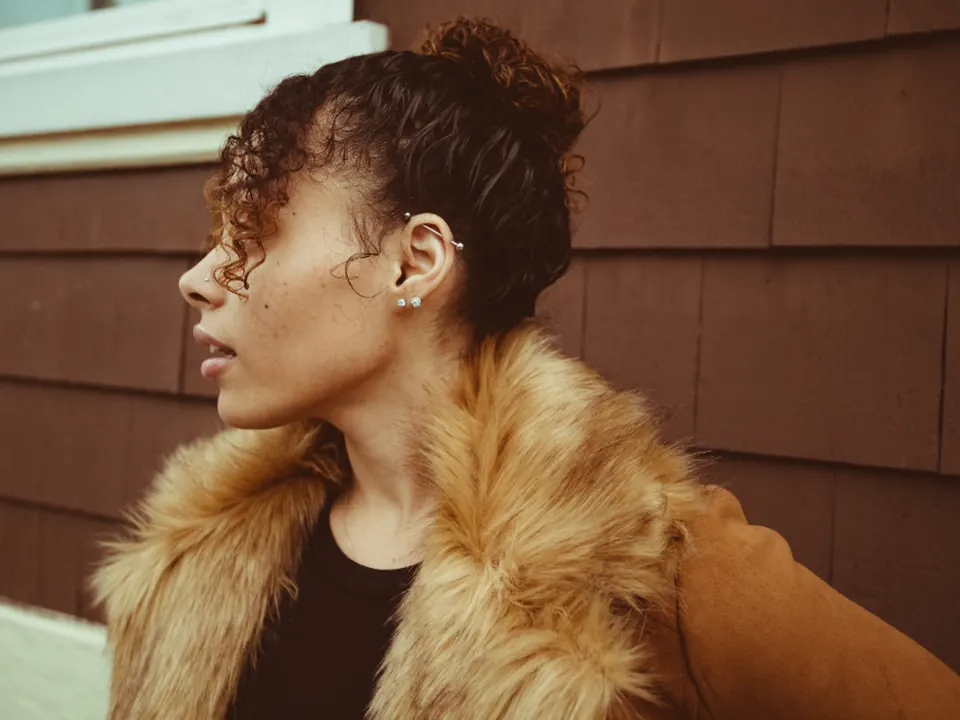 Fashion portrait of a woman in a camel coat with a faux-fur collar