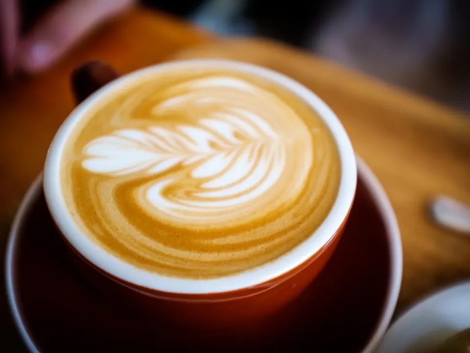 Latte with rosetta latte art in a red cup
